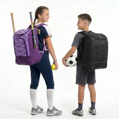 J World Athlete Sports Ball & Baseball Bag. Soccer Volleyball Basketball Backpack Women Men. Kids Softball Bat Bag Girls Boys - color: Purple