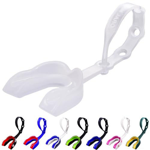 Oral Mart Strapped Mouth Guard for Football, Lacrosse, Ice Hockey, Taekwondo (USA Flag, Fangs, 15+ Colors to Choose from) - Sports Mouthguard with Fixed Strap (Strapped, Youth or Adult) - color: Clear/Semi Clear, size: Youth (Age 12 & Below)