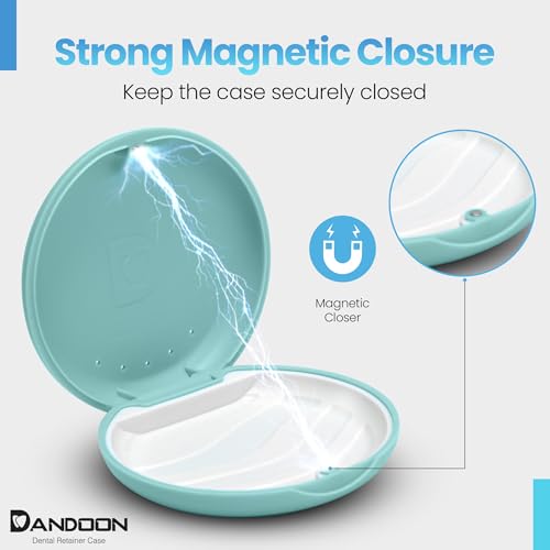 Dandoon Dental Retainer Case – Ventilated with Magnetic Lid and Silicone Pad, Non-Slip Slim Design – Includes Free Aligner Removal Tool & Chewies – Fits Aligners & Mouth Guards (Mint Green-Blue)
