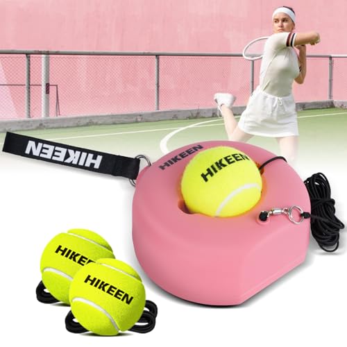 Hikeen Premium Tennis Trainer Rebound with Metal Base,Portable Solo Tennis Trainer Set with 3 Highly Elastic String Balls,Tennis Practice Equipment for Adult Kids an Beginners - style: Pink