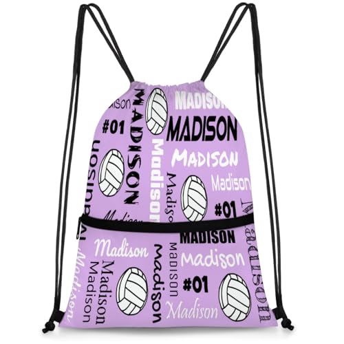 Custom Volleyball Style Drawstring Bag, Personalized Sports Ball Backpack Drawstring Sack Cinch Bags for Team Gift Party Favors, Light Purple - color: Light Pink