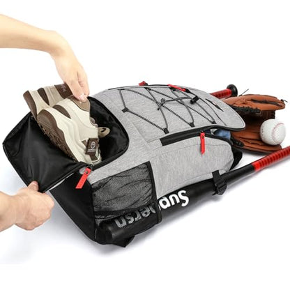 Baseball Backpack, Baseball Bag for Youth, Softball Bat Bag with Shoes Compartment, Laptop Compartment & Holds 2 Bats, Small Baseball Bat Equipment Bags for Fence Hook, Glove Holder & Helmet - color: Gray