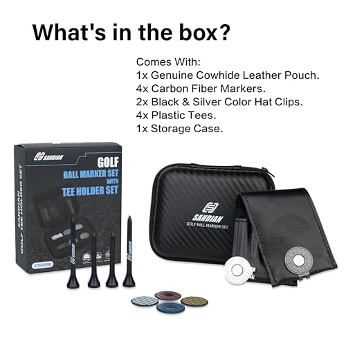 SANDIAN [Full Set], Golf Ball Markers Carbon Fiber T800 Set with Genuine Black Leather Belt Clip Tee Holder Pouch, Magnetic Hat Clips, Storage Case [Black Leather]