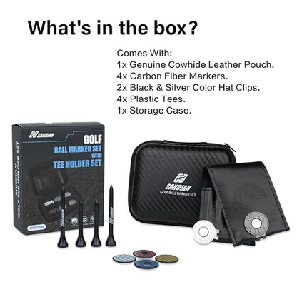 SANDIAN [Full Set], Golf Ball Markers Carbon Fiber T800 Set with Genuine Black Leather Belt Clip Tee Holder Pouch, Magnetic Hat Clips, Storage Case [Black Leather]