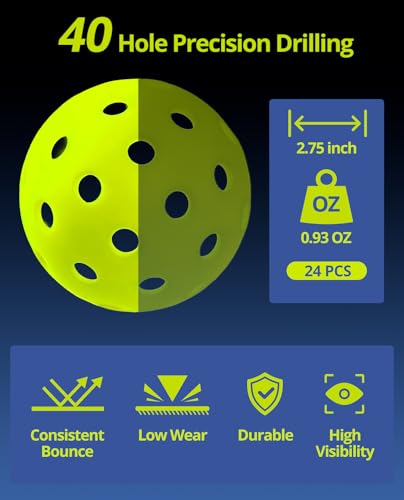 Pickleball Balls 24 Pack - 40-Hole Seamless Roto-Molded Pickleballs for Outdoor and Indoor Use, Durable TPE Material, USAPA Approved, Lightweight 2.9 Inch Diameter