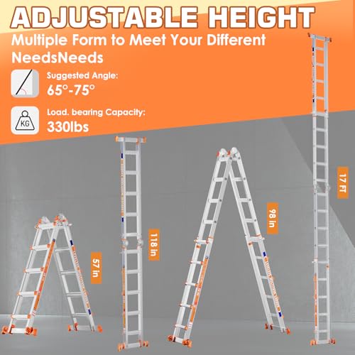 LEVELEVE A Frame 5 Step Ladder, 17FT Extension Ladder with Stabilizer Bar & Wheels,330 lbs Security Load Multi Position Ladder for Stairs Home Indoor Outdoor Roof