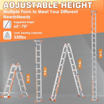 LEVELEVE A Frame 5 Step Ladder, 17FT Extension Ladder with Stabilizer Bar & Wheels,330 lbs Security Load Multi Position Ladder for Stairs Home Indoor Outdoor Roof