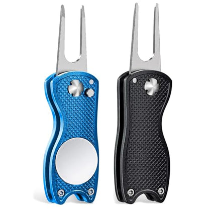 Mile High Life Golf Divot Repair Tool, All Metal Foldable Divot Tool with Pop-up Button & Magnetic Ball Marker, 2-6 Pack - color: Black, Blue