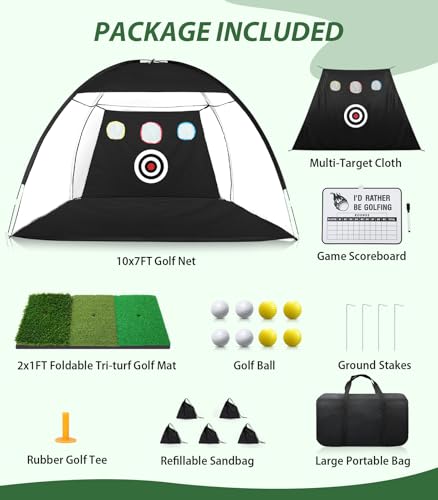 Golf Net, 10x7ft Golf Hitting Aid with Mat, Designed for Outdoor & Indoor Use, Practice Nets for Backyard Driving Real Balls, Ideal Gifts for Men Dad Husband & Golfers