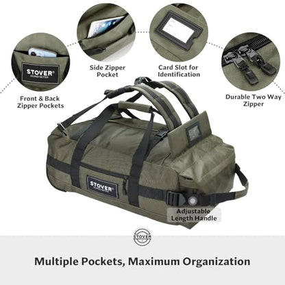 STOVER 45/80/100L Carry-On Rolling Duffel Bag with Wheels, Medium Durable Travel Duffle w/Toiletry Bag, Packable, Foldable with Shoulder Straps- Use as Luggage or Backpack, Men/Women (Green)