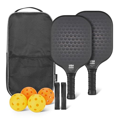 Amazon Basics Pickleball Paddles Set of 2, USAPA Approved Carbon Fiber Paddle with 4 Balls, Lightweight Pickle Ball Rackets, Carry Bag & Grips - color: Black