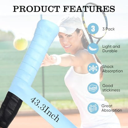 Tennis Racket Grip Tape, Ultra Thin Tacky Tennis Overgrip for Sweat Absorption & Control – Durable Anti-Slip Replacement Grip for Tennis, Badminton & Pickleball (3 Pack) - color: BLUE