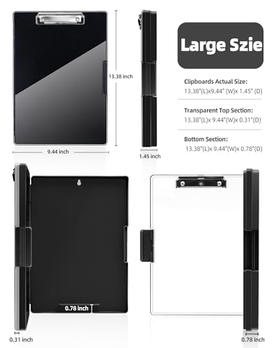 Clearview Clipboard with 2 Storage, Dry Erase 8.5x11 Heavy Duty ClipBoards - High Capacity Coaches Clip Board with Pen Holder - Side Opening Plastic Nursing Clip Case - Black - color: Black