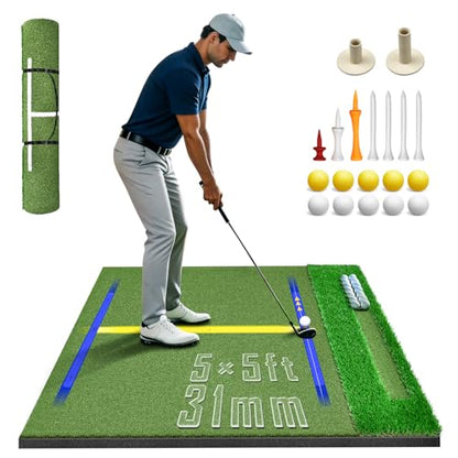 (Enlarged×Thickened) Golf Mat 31mm, 5x5ft Dual-Turf Golf Hitting Mat with Ball Tray for Outdoor, Thickened Heavy Duty Commercial Golf Mat, High-Elasticity Golf Practice Mat for Simulator -Elite