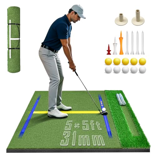(Enlarged×Thickened) Golf Mat 31mm, 5x5ft Dual-Turf Golf Hitting Mat with Ball Tray for Outdoor, Thickened Heavy Duty Commercial Golf Mat, High-Elasticity Golf Practice Mat for Simulator -Elite