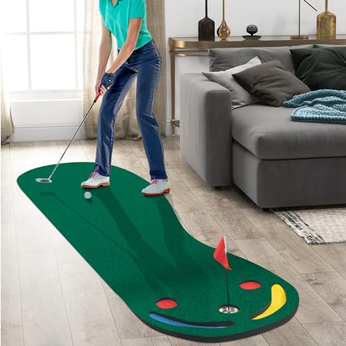 GYMAX Putting Green, 10 x 3 ft Par Three Putting Mat Set with 3 Putting Cups, 1 Flag and Golf Hole Covers, Putting Green Mat for Golf Training Practice Indoor/Outdoor, Garage, Backyard, Office