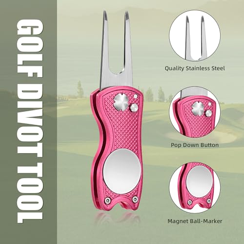 Mile High Life Golf Divot Repair Tool, All Metal Foldable Divot Tool with Pop-up Button & Magnetic Ball Marker, 2-6 Pack - color: Pink Fish