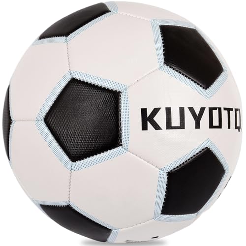KUYOTQ Kids Youth Soccer Ball Size 4 Boys Leather Machine Stitched Hidden Stitch White Black Soccer Ball with Blue Trim for Boys Girls, Durable Strength and Water Resistance for Training and Match