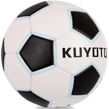 KUYOTQ Kids Youth Soccer Ball Size 4 Boys Leather Machine Stitched Hidden Stitch White Black Soccer Ball with Blue Trim for Boys Girls, Durable Strength and Water Resistance for Training and Match