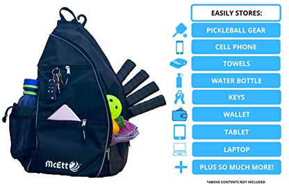 McEtt Pickleball Sling Bag & Mesh Ball Bag – Adjustable Crossbody Backpack for Women Men – Holds Pickleballs, Paddles, Water Bottle, Gear - color: Black