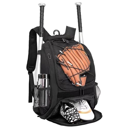 DAFISKY Baseball Bag Softball Backpack - Youth Adult T Ball Bat Equipment Bag with Bat Helmet Holders, Shoe Compartment - color: Black