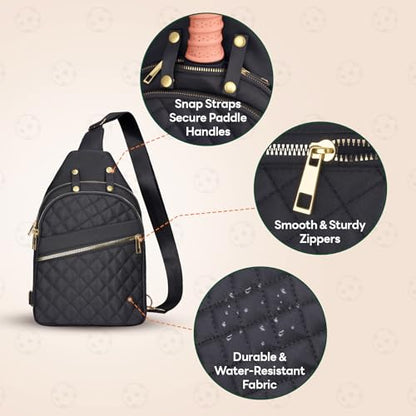 NiHome Pickleball Sling Bag for Men & Women, Water-Repellent Polyester Crossbody Backpack with Adjustable Strap, Fits 2 Paddles & 6 Balls, Tablet Pocket, Front Zipper Storage for Phone & Gear (Black)