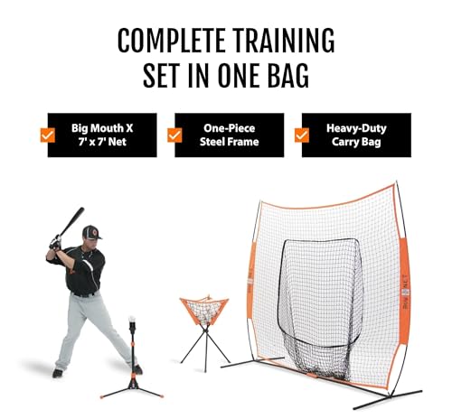 Bownet Original Big Mouth 7’ x 7’ Baseball Softball Hitting Net – Portable Pitching & Batting Practice Net, Heavy Duty Steel Frame, Fast 60-Second Setup, Carry Bag