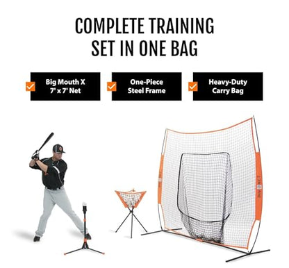 Bownet Original Big Mouth 7’ x 7’ Baseball Softball Hitting Net – Portable Pitching & Batting Practice Net, Heavy Duty Steel Frame, Fast 60-Second Setup, Carry Bag