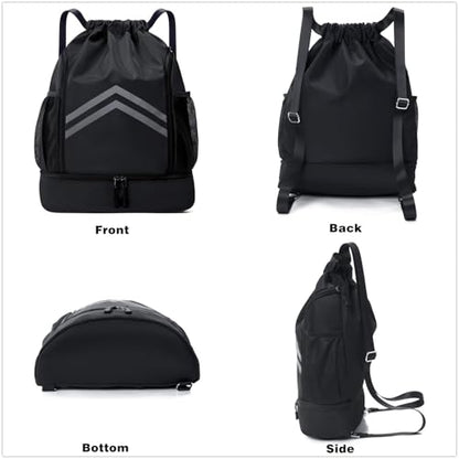 Drawstring Backpack - Water Resistant Sports Gym Bag with Shoes Compartment and Water Bottle Holder Pockets - String Cinch Bag - Pull String Bag - Sport String Sackpack for Men Women,Navy Blue - color: Navy Blue