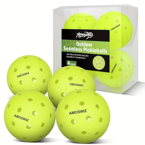 Outdoor Pickleball Balls, 4 Pack Upgraded Seamless Outdoor Pickleballs with Mesh Bag, Neon Green Color High Visibility, Durable for Training