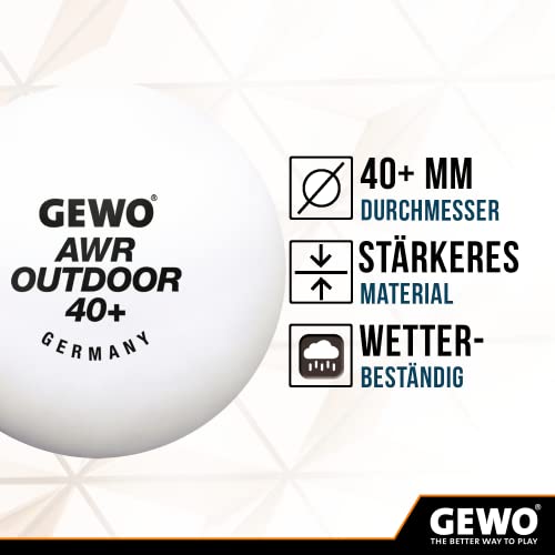 GEWO AWR Outdoor 40+ Table Tennis Balls - Water-Repellent Plastic Outdoor Table Tennis Balls for Outdoor Use, Weather-Resistant Training Table Tennis Balls, 40 + mm Diameter, Pack of 6