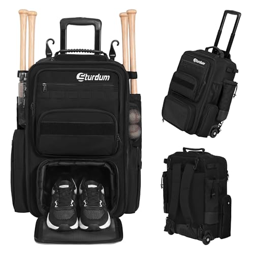 Rolling Baseball Bag with Wheels, 70L Large Capacity Baseball Backpack with Hidden Shoulder Strap, Sturdy Softball Bag with Multi-Pockets, Shoe Compartment, Fence Hooks for Players, Coaches - color: Black