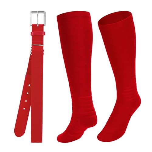 Baseball Belt and Socks Combo Adjustable Softball Belt and Socks Elastic Waist Belt for Youth and Adult - color: Red, size: Youth