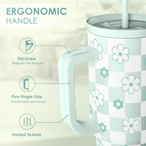 SANDJEST 40oz Daisy Flower Tumbler with Handle and Straw - Insulated Stainless Steel Coffee Travel Mug for Women Girls, Floral Gift Idea for Birthday Christmas - color: Checker Daisy