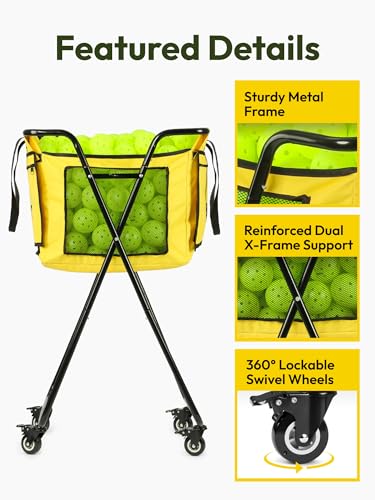 A11N SPORTS Pickleball Tennis Balls Hopper with Side Pocket – Holds 140 Pickleballs or 180 Tennis Balls, Pickleball Caddy with 4 Swivel Wheels, Foldable Frame & Detachable Bag for Training or Coaching