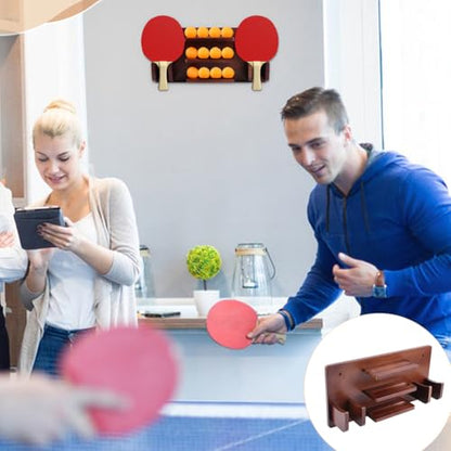 FINGERINSPIRE Wall Mounted Ping Pong Paddle Holder Pine Wood Rack Holds 6 Paddles and 12 Balls Table Tennis Rack with Installation Kit Brown Paddle Holder Space-Saving Racket Storage for Game Room