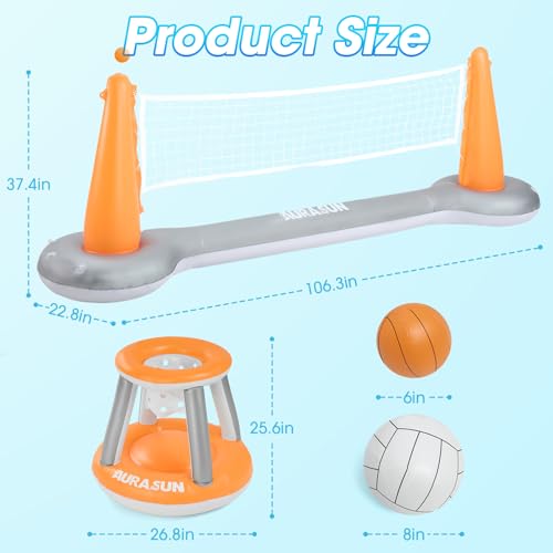 AURASUN Inflatable Pool Volleyball Net, Floating Swimming Pool Set with Basketball Hoop, Summer Pool Game Toy for Kids and Adults, Float Water Volleyball Court