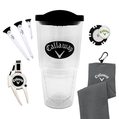 Callaway Golf 24oz Clear Patch Tumbler Gift Set - includes golf towel, 24oz tumbler, plastic golf tees, a poker chip ball marker and a divot tool