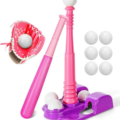 TOY Life T Ball Set for Kids 3-5 5-8, Toddler Baseball Set for Girls, T Ball Stand Sets with Baseball Glove, Tball Bating Tee Outdoor Indoor Toys for Toddler Girls - style: Glove, Tee, Bat & 6 Balls