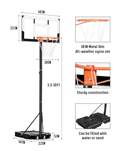 Seray Family Basketball Hoop Outdoor 3.3-10ft Adjustable, Safety Portable Basketball Hoop for Kids/Adults/Family in Poolside/Backyard/Indoor/Court, 40 in Shatterproof Backboard and Enlarged Base