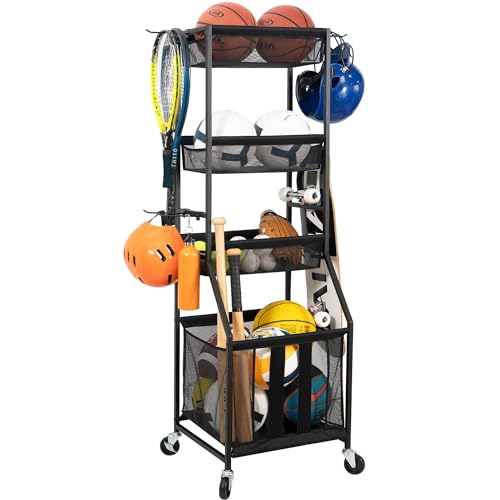 STORAGE MANIAC Ball Storage Bin Rolling Sports Ball Cart, Metal Garage Organizer Sport Rack Basketball Storage Cage for Garage or Gym, Indoor & Outdoor Sports Equipment Organizer - style: Ball Cart with Shelves