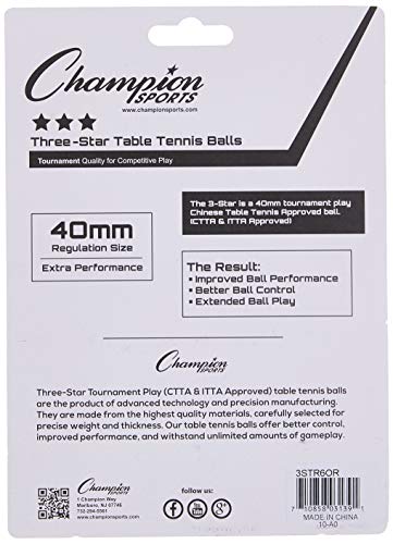 Champion Sports 3 Star Table Tennis Ball Pack – Tournament Size, 40mm Seamless, CTTA & ITTA Approved