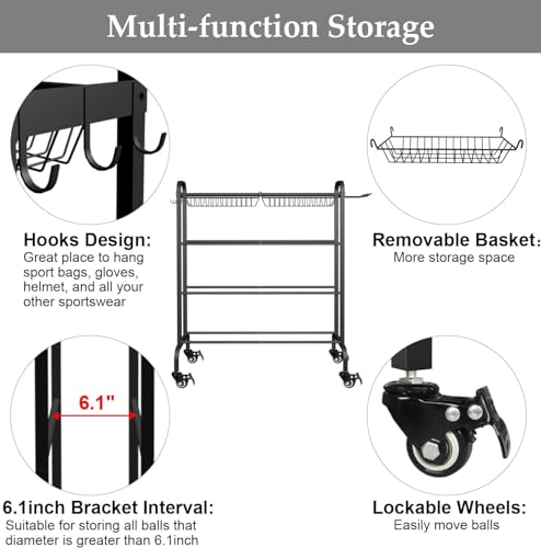 Ball Rack Organizer with Wheels, 4Tier-Rolling Basketball Racks Holder for Balls, Sports Equipment Storage Stand Organizer for Basketball, Football, Soccer and Volleyball, Black