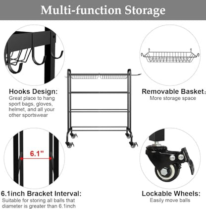 Ball Rack Organizer with Wheels, 4Tier-Rolling Basketball Racks Holder for Balls, Sports Equipment Storage Stand Organizer for Basketball, Football, Soccer and Volleyball, Black