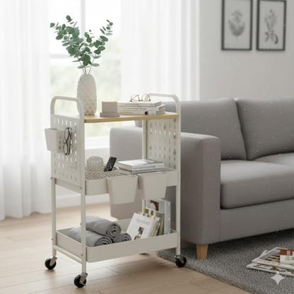 danpinera 3 Tier Rolling Cart with Wooden Table Top, White Rolling Utility Cart with DIY Pegboards & Locked Wheels, Easy Assembly for Nursery, Living Room, Studio - color: White, size: without drawer