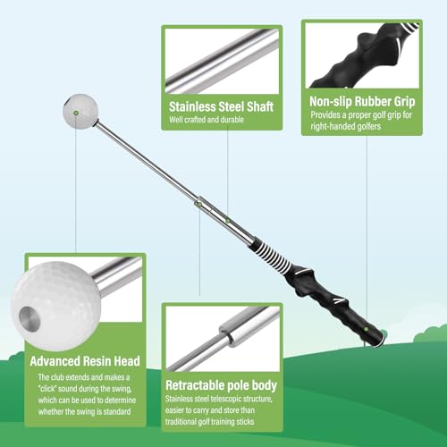 Golf Swing Trainer & Grip Trainer – Retractable Telescopic Practice Stick with Auditory Click Feedback, Flexible Tempo & Chipping Aid for Right-Handed Golfers, Indoor/Outdoor Use