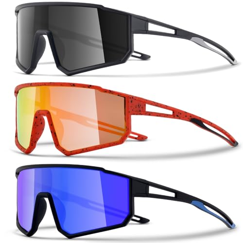 3PACK Kids Sunglasses for 6-14 Boys Girls, Youth Baseball and Cycling UV400 Protection Goggles - color: 3pcs-black Black+yellow Red+blue Black-k13