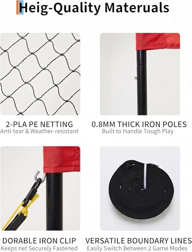 4 Square Volleyball Net Set with 3 Adjustable Heights, 14FT Cross PE System, Use in Backyard or Beach, Includes Ball, Pump, Carry Bag, Hammer, Outdoor Team Games, Black/Red