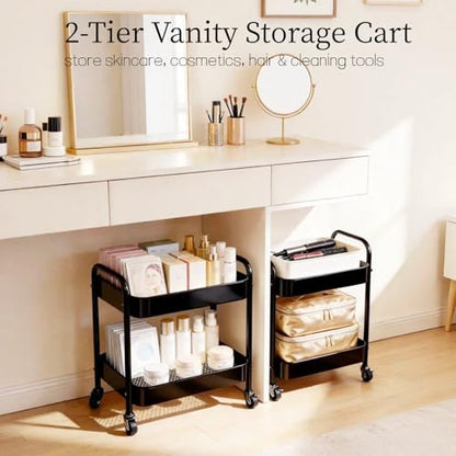 2 Tier Metal Rolling Utility Cart with Wheels Under Desk Storage Cart with Handle, Roll Around Organizer Trolley for Small Space Pantry Bathroom Home Kitchen Office Snack Baby Supplies, Black