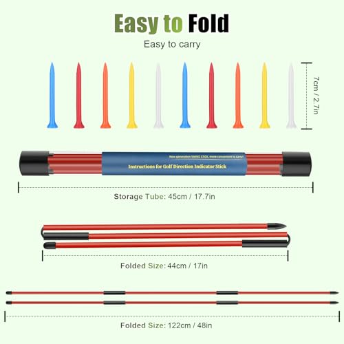 Golf Alignment Sticks 2 Pack, 48″Collapsible Practice Rods for Aiming/Putting, Golf Training Aid for Swing Trainer with Clear Tube Case, Foldable Training Rods with 10 Golf Tees - color: Red